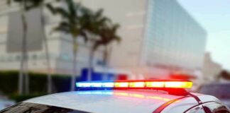 Police car roof with flashing red and blue lights