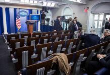 White House press briefing room with empty seats and cameras