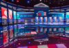 Televised debate stage with multiple podiums and bright red, white, and blue lighting