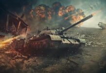 Tank advancing through battlefield with explosions and debris