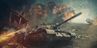 Tank advancing through battlefield with explosions and debris