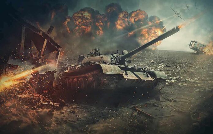 Tank advancing through battlefield with explosions and debris
