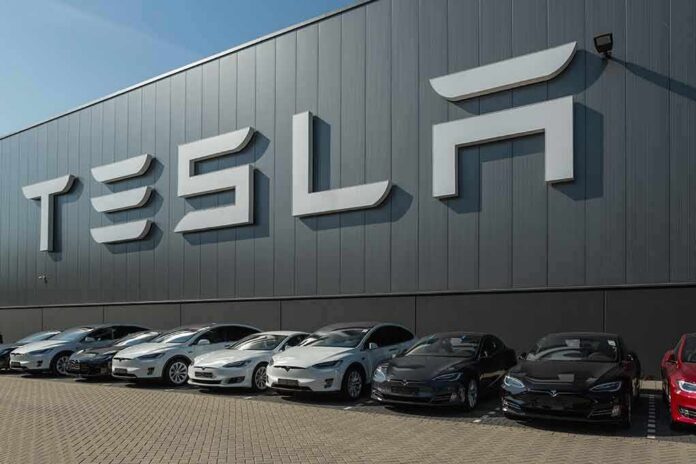 shutterstock_489388897 Tesla cars parked outside a large Tesla building