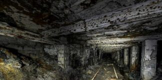 Abandoned underground mine tunnel with decaying supports