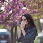 Woman sneezing into tissue under blooming pink trees