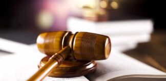 wooden gavel resting on open law book