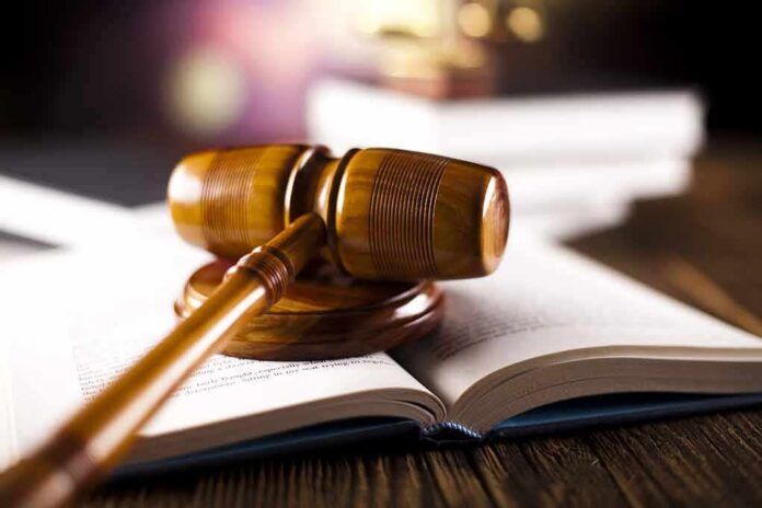 wooden gavel resting on open law book