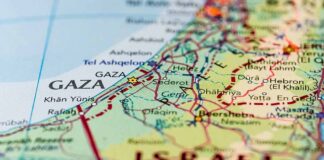 Close-up of Gaza and surrounding regions on map.