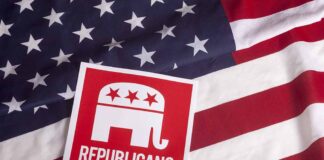 Republican logo on American flag background.
