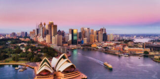 Aerial view of Sydney Opera House and city skyline.