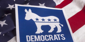 "Democratic Party donkey logo on American flag background."
