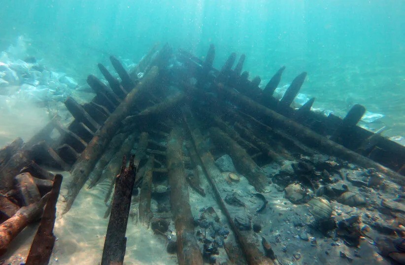 Underwater view of an ancient shipwreck with wooden remains and marine life