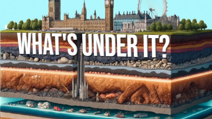 Illustration of London's skyline with geological layers beneath, showcasing historical and modern structures