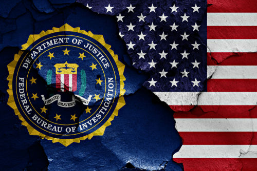 FBI logo overlapping a distressed American flag background.
