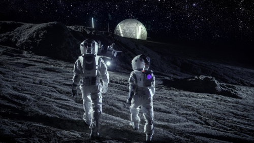 Two astronauts walking on the moon with a dome structure in the background