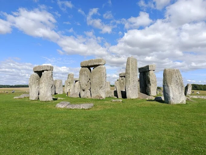 View of Stonehenge, a prehistoric monument consisting of large standing stones arranged in a circular formation