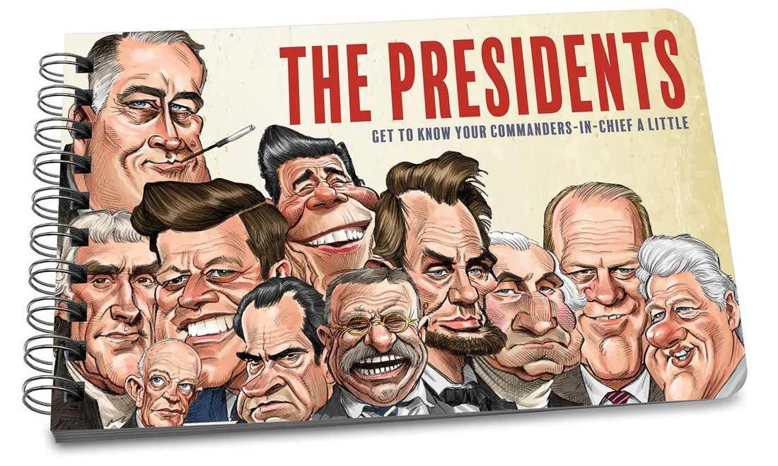 Illustration of U.S. Presidents in a humorous caricature style on a spiral-bound book cover