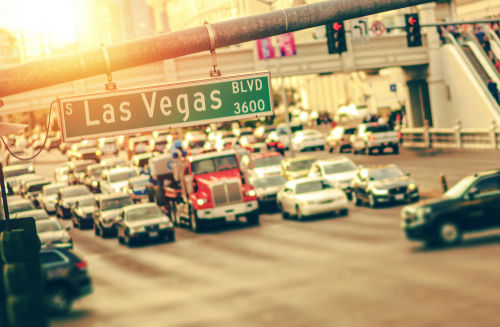 Traffic on Las Vegas Boulevard at sunset.