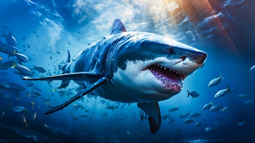 A great white shark swimming in clear blue water surrounded by smaller fish