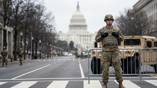 Soldier standing guard in front of the Capitol building