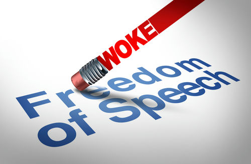 Eraser labeled woke erasing freedom of speech text.
