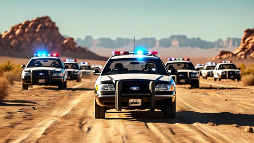 A convoy of police cars driving through a desert area with flashing lights