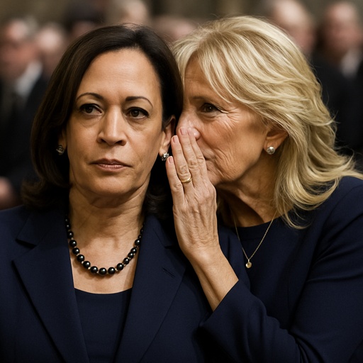 Kamala Harris and Jill Biden engaged in a whispering conversation at a formal event