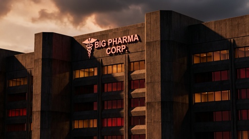 Exterior view of a corporate pharmaceutical building at dusk