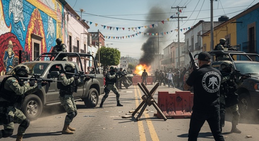 A chaotic urban scene with armed soldiers and an explosion in the background