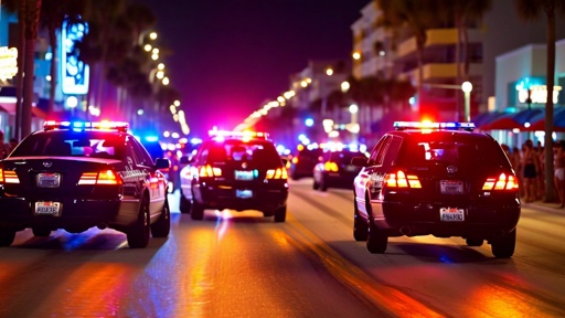 Police cars with flashing lights on a city street at night