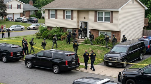 Law enforcement officers conducting a raid in a residential neighborhood