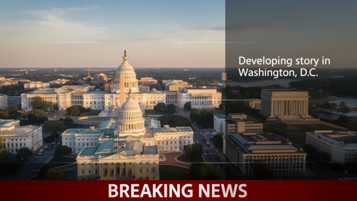 Aerial view of the Capitol building in Washington D.C. with a breaking news banner