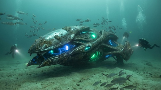 Scuba divers exploring an alien spacecraft on the ocean floor