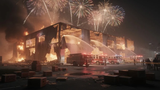 Firefighters battling a large fire at a warehouse with fireworks in the background