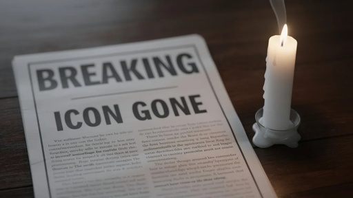 A newspaper with the headline 'BREAKING ICON GONE' next to a lit candle