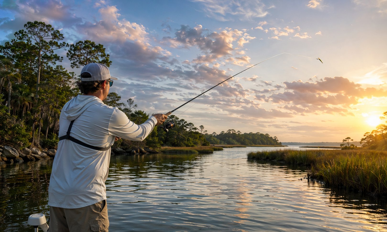 Person fishing at sunset on a calm river