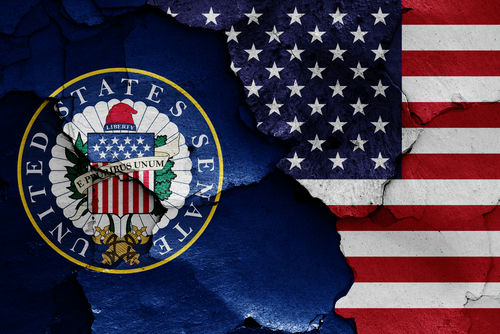 United States Senate seal and American flag, cracked paint.