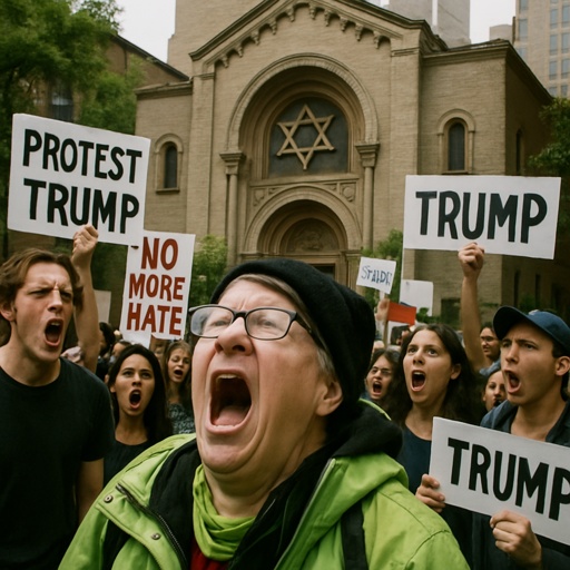 Crowd of protesters shouting slogans against Trump in front of a building