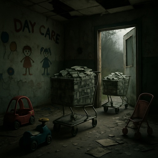 An abandoned daycare room with old toys and dim lighting