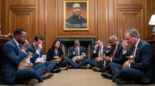Politicians sitting on the floor holding goats in a solemn gathering
