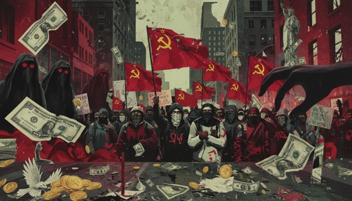 A crowd of protesters holding communist flags and money in a city setting