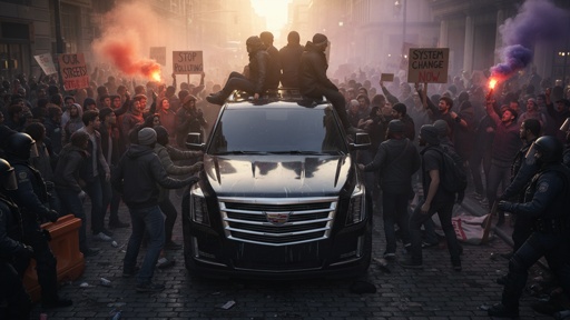 A large crowd protesting around a black SUV with people on top
