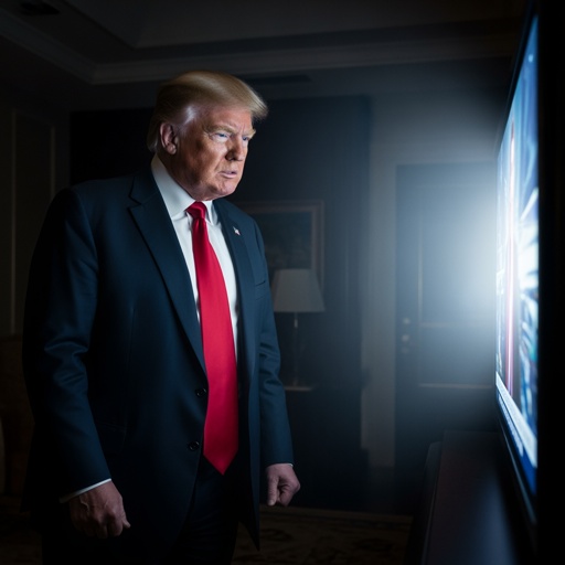 A man in a suit and red tie watching a television screen in a dimly lit room
