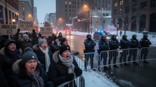 Protesters demonstrating against immigration policies in winter attire